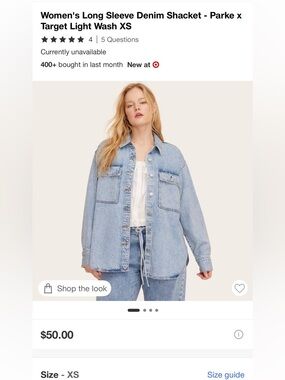 Target Parke. Long sleeve denim shacket. Light wash